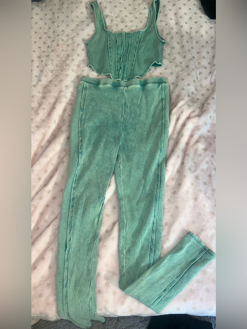 Fashion Nova Teal Ribbed Velvet High-Waist Leggings & Crop Top Set